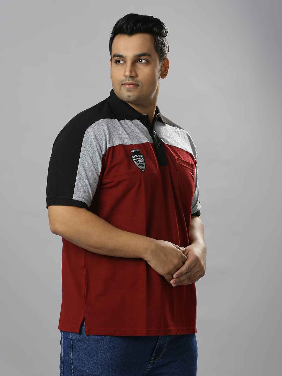 Men's Plus Size Cut & Sew Maroon T-shirt with sleeve Embroidery
