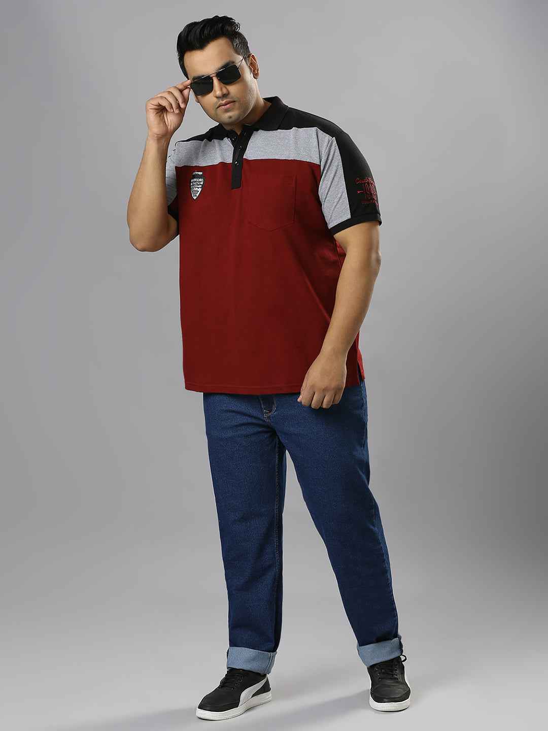 Men's Plus Size Cut & Sew Maroon T-shirt with sleeve Embroidery