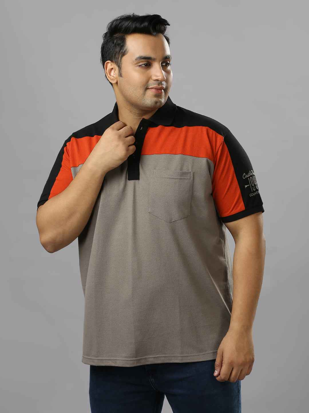 Men's Plus Size Cut & Sew Grey T-shirt with sleeve Embroidery