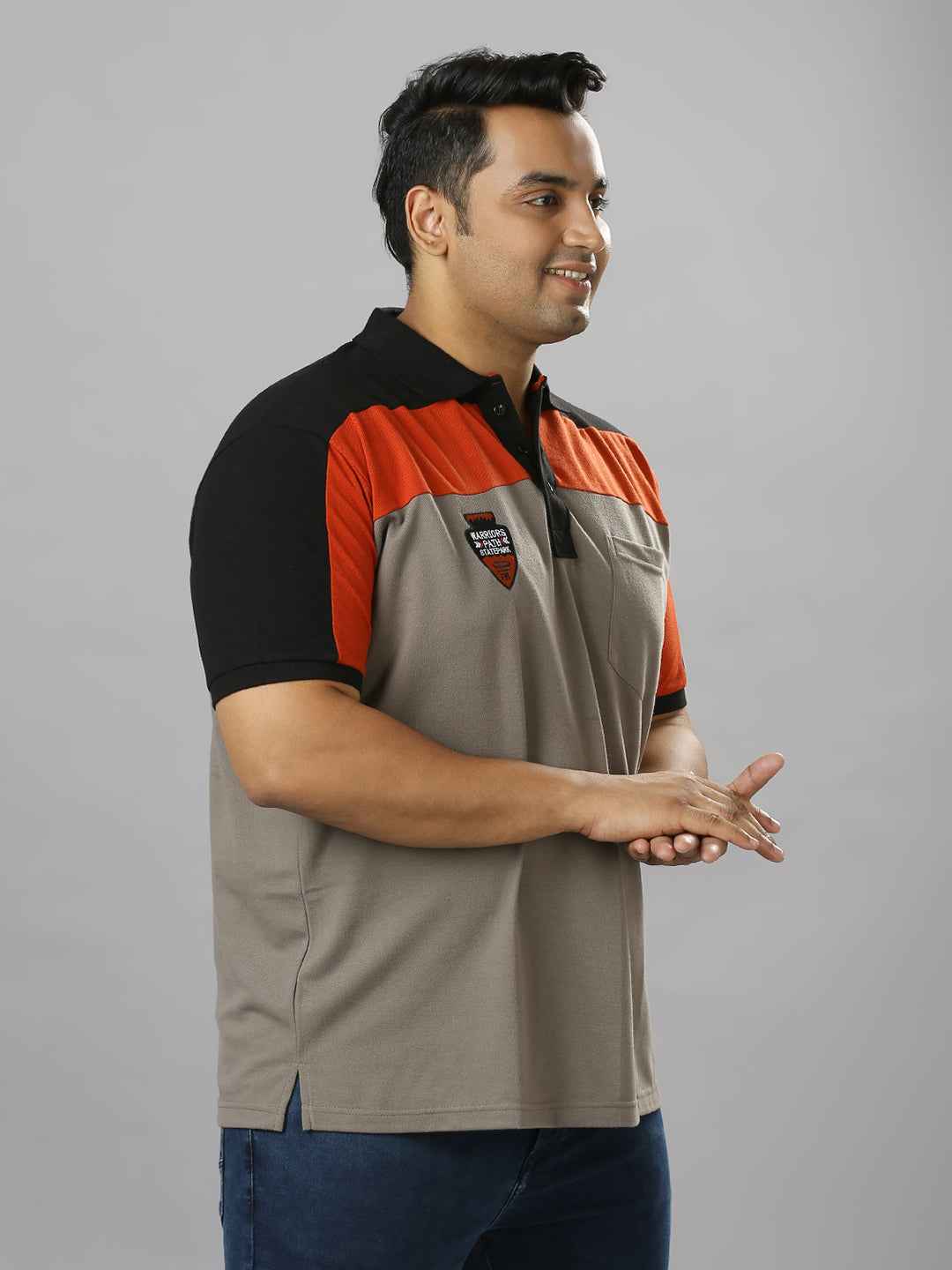 Men's Plus Size Cut & Sew Grey T-shirt with sleeve Embroidery