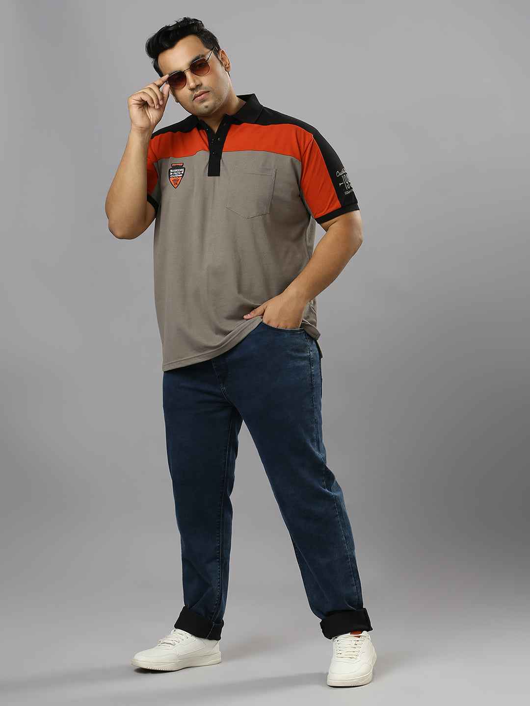 Men's Plus Size Cut & Sew Grey T-shirt with sleeve Embroidery