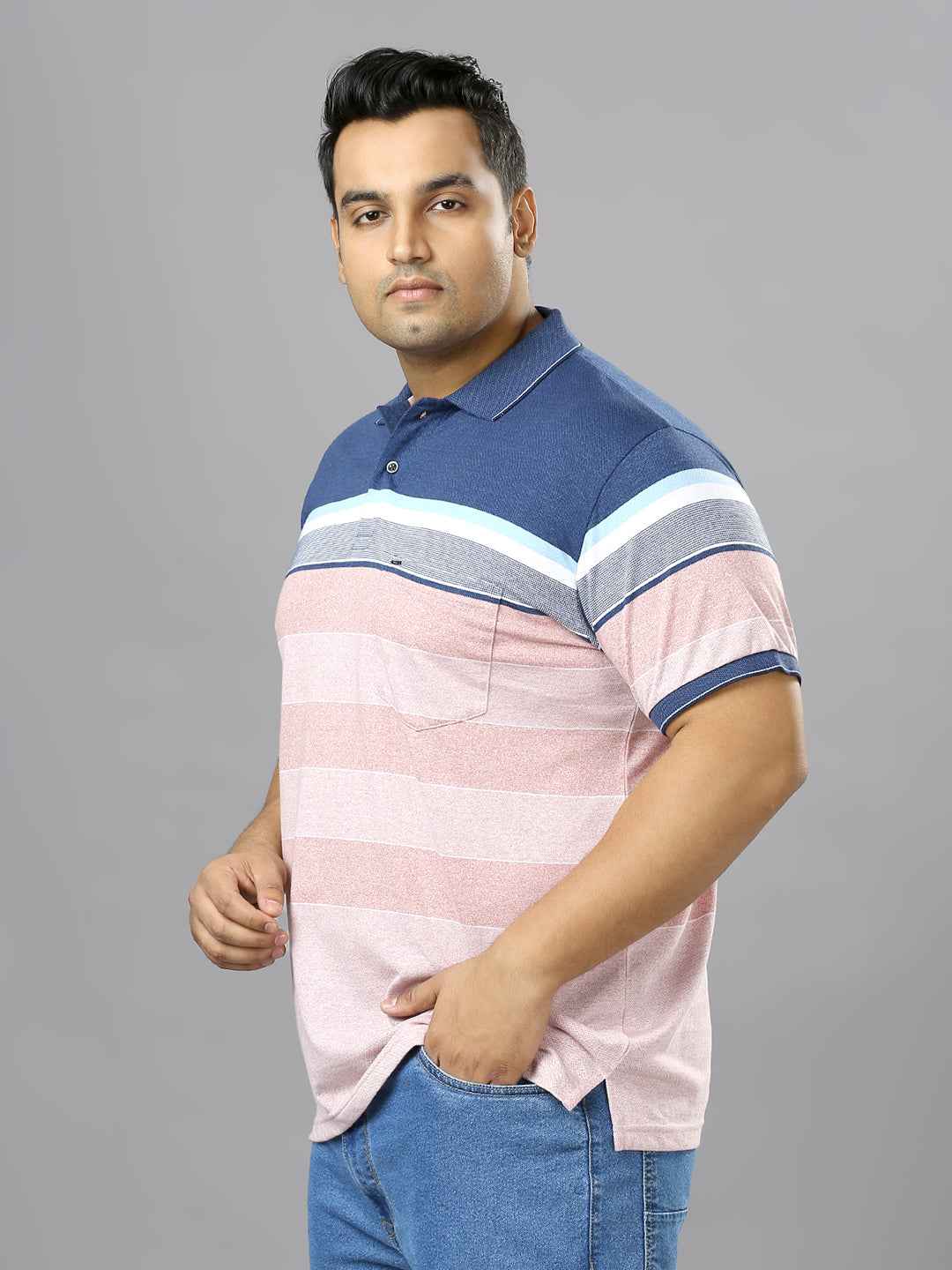 Men's Plus Size Stripped Collar Pink T-shirt