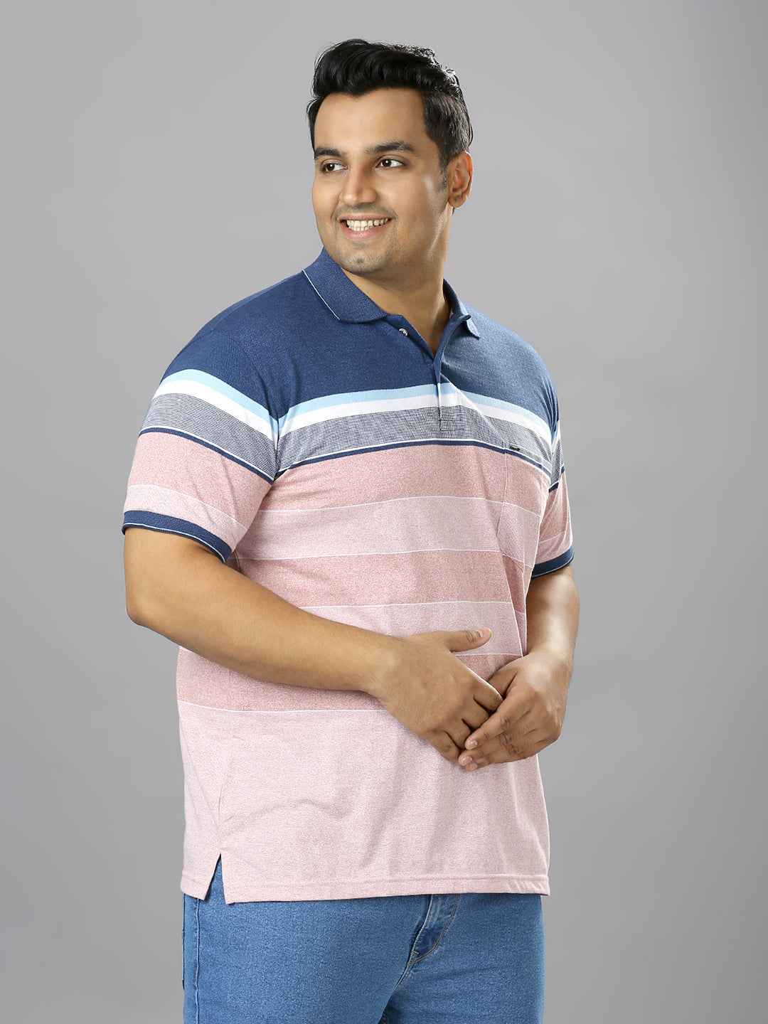 Men's Plus Size Stripped Collar Pink T-shirt