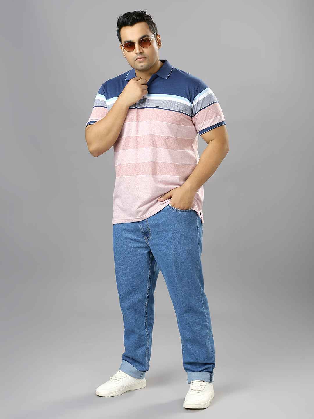 Men's Plus Size Stripped Collar Pink T-shirt