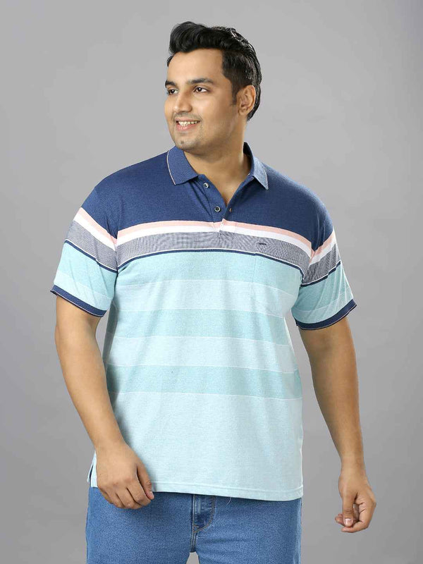 Men's Plus Size Stripped Collar Sky Blue T-shirt