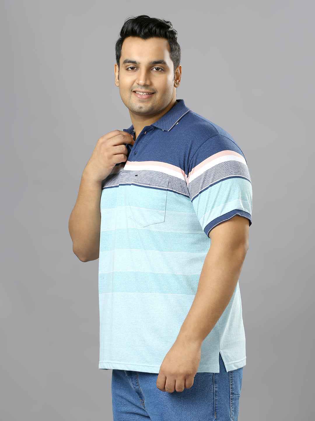 Men's Plus Size Stripped Collar Sky Blue T-shirt