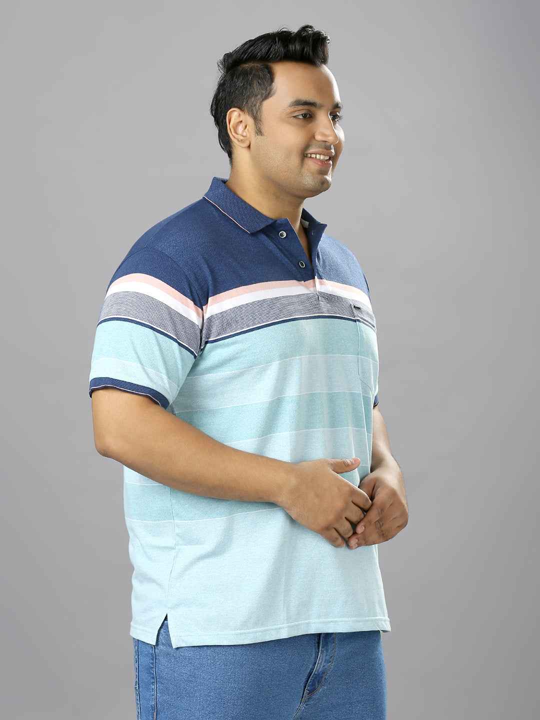 Men's Plus Size Stripped Collar Sky Blue T-shirt