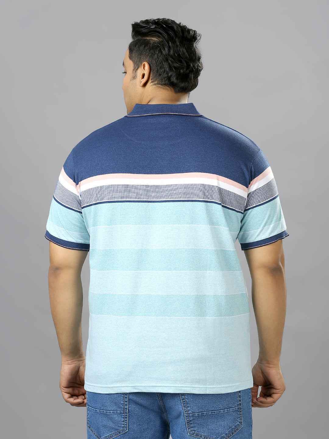 Men's Plus Size Stripped Collar Sky Blue T-shirt