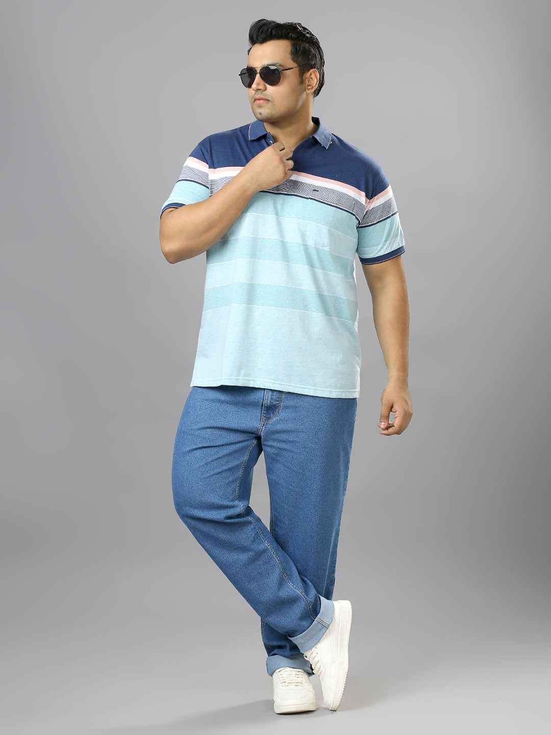 Men's Plus Size Stripped Collar Sky Blue T-shirt