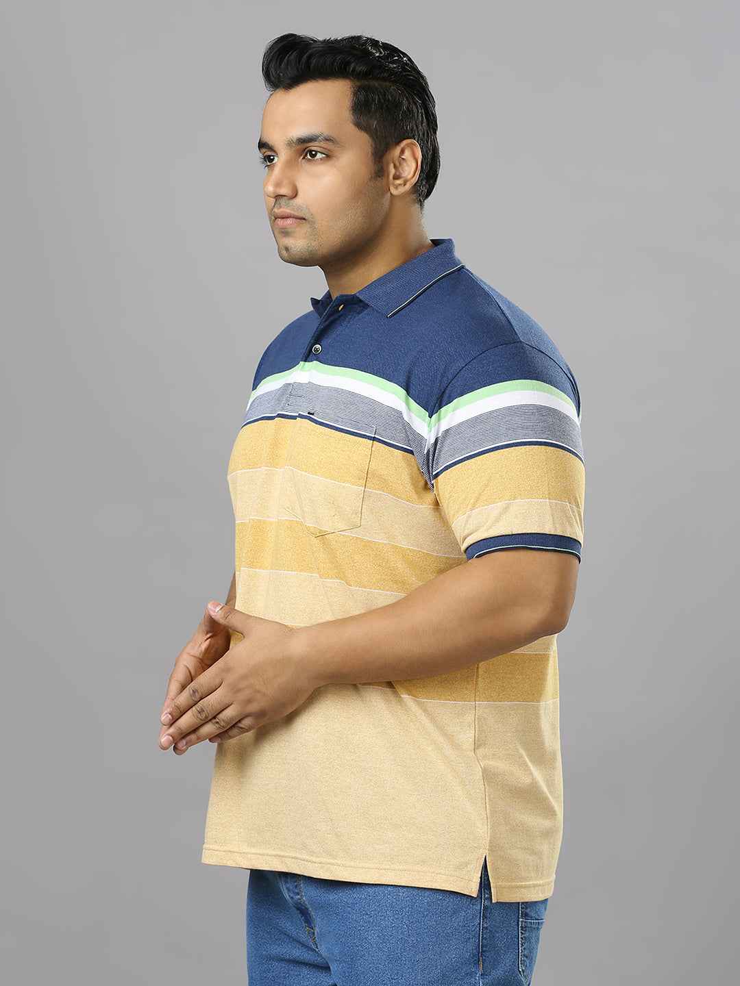 Men's Plus Size Stripped Collar Yellow T-shirt
