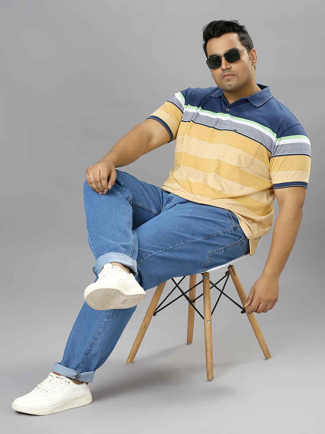 Men's Plus Size Stripped Collar Yellow T-shirt