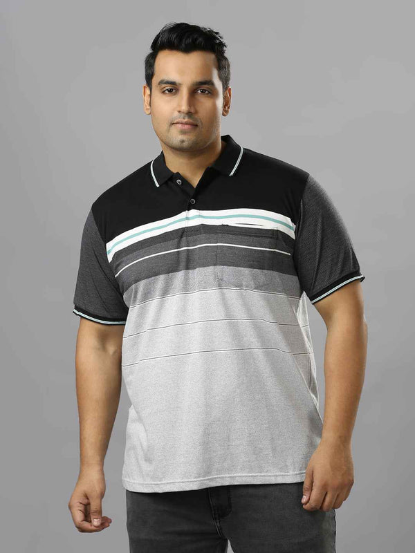 Men's Plus Size Striped Collar Grey T-shirt