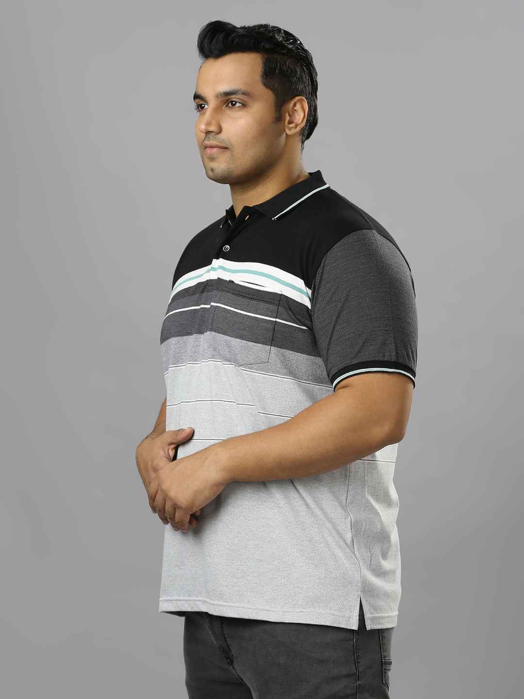 Men's Plus Size Striped Collar Grey T-shirt