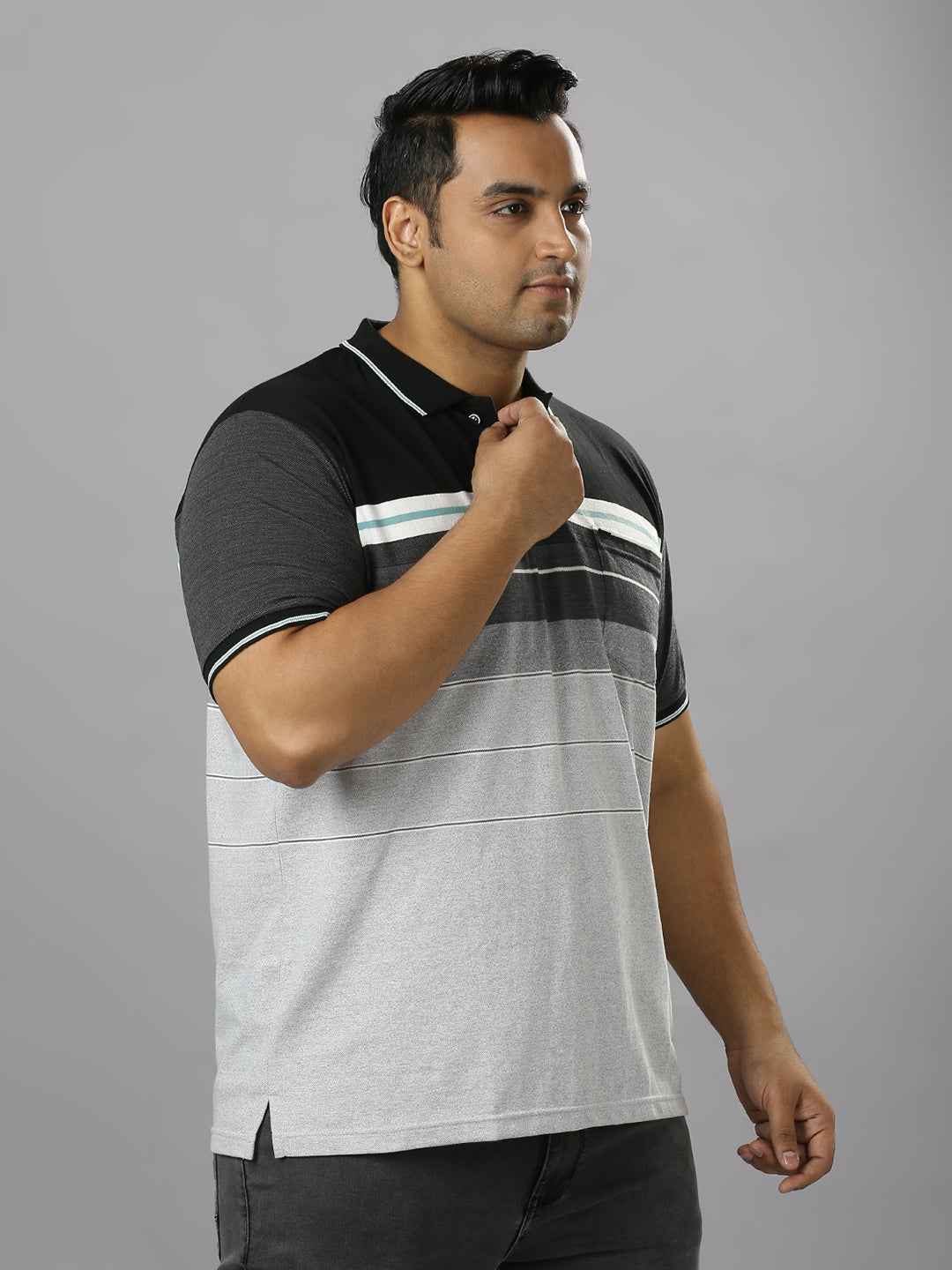 Men's Plus Size Striped Collar Grey T-shirt