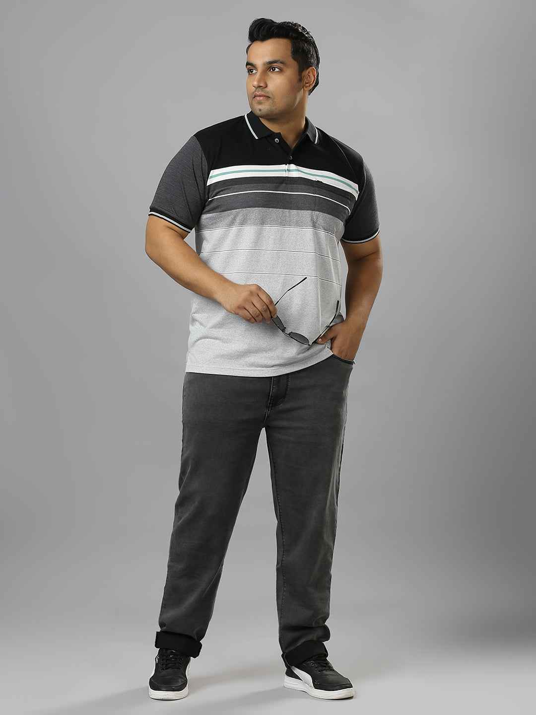 Men's Plus Size Striped Collar Grey T-shirt
