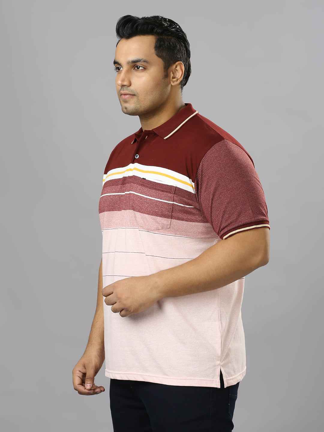 Men's Plus Size Striped Collar Plum T-shirt