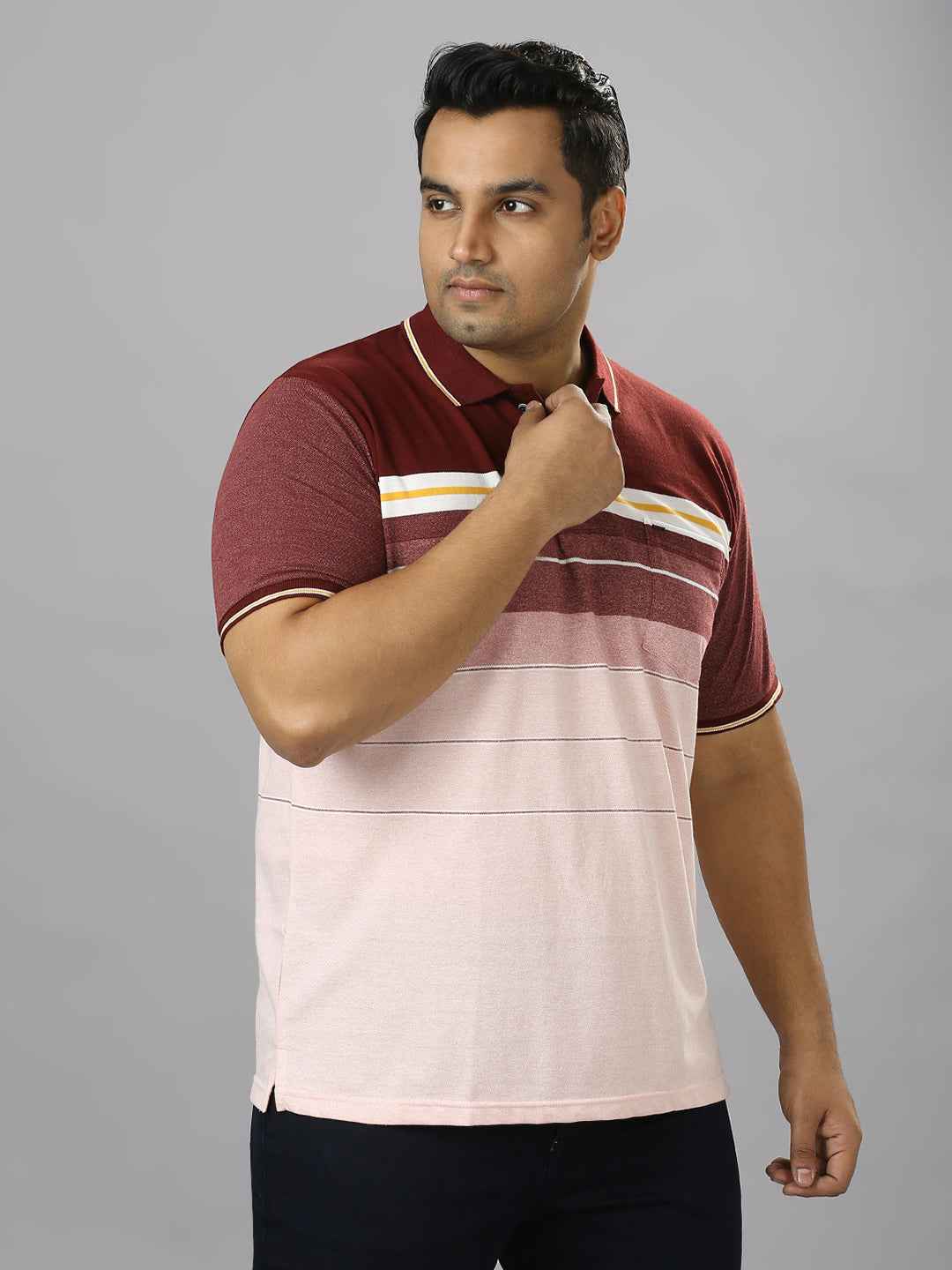 Men's Plus Size Striped Collar Plum T-shirt