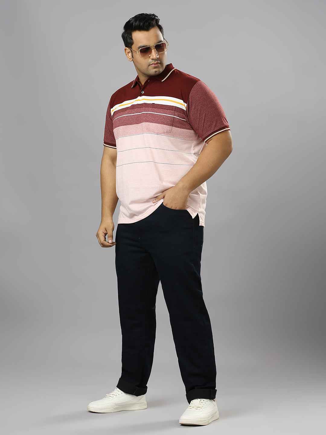 Men's Plus Size Striped Collar Plum T-shirt