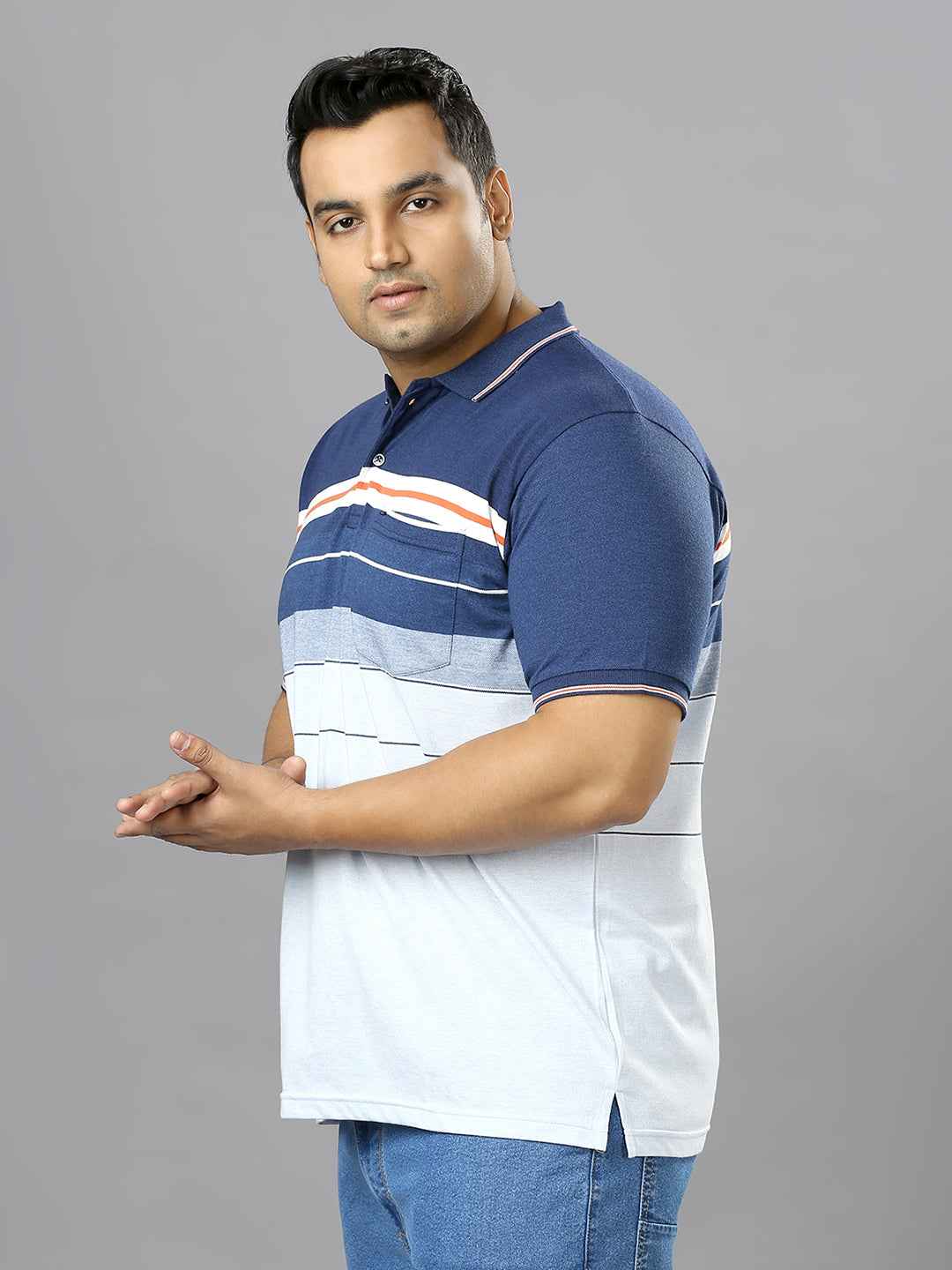 Men's Plus Size Striped Collar Sky Blue T-shirt