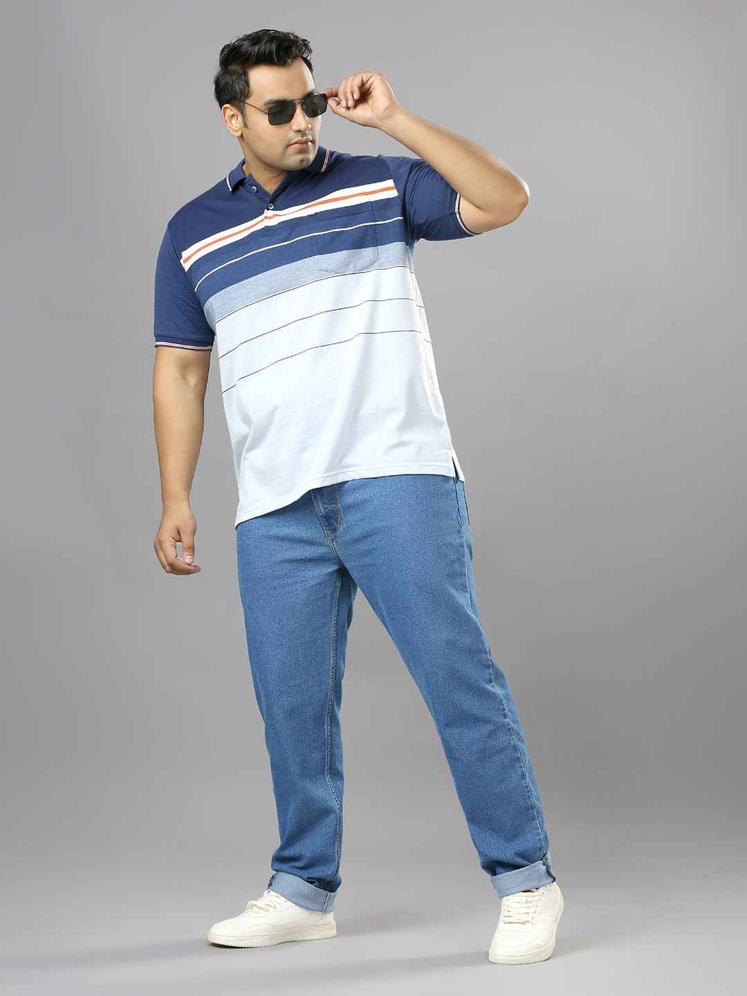 Men's Plus Size Striped Collar Sky Blue T-shirt
