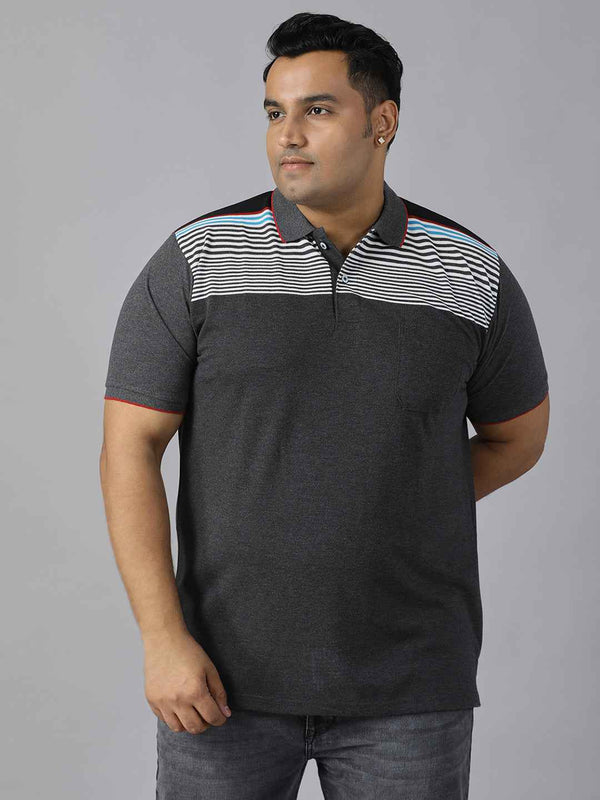 Men's Plus Size Polo Neck Half Sleeve T-Shirt with Striped Yoke and Pocket – Cotton Blend Casual Wear