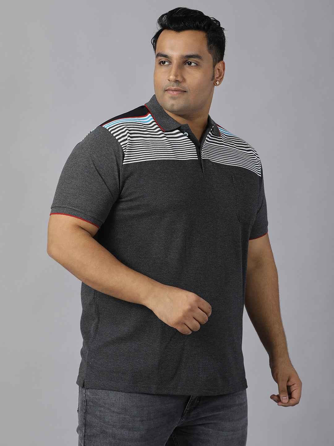 Men's Plus Size Polo Neck Half Sleeve T-Shirt with Striped Yoke and Pocket – Cotton Blend Casual Wear