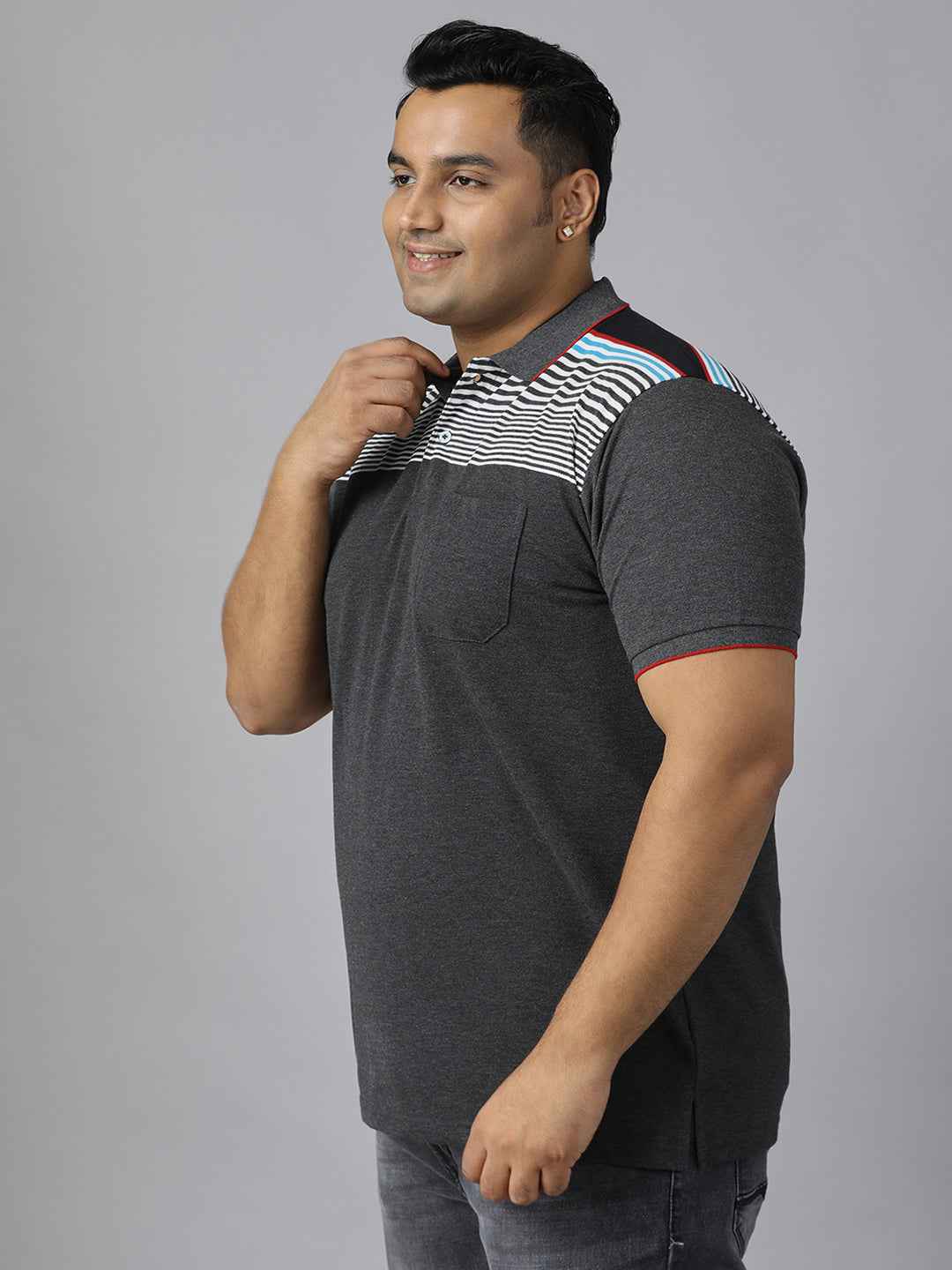 Men's Plus Size Polo Neck Half Sleeve T-Shirt with Striped Yoke and Pocket – Cotton Blend Casual Wear