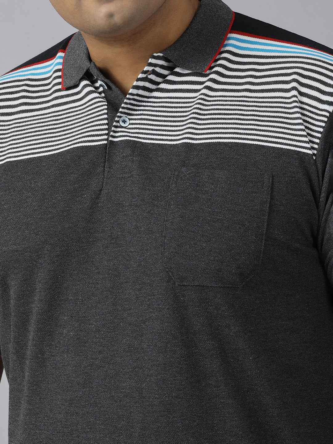 Men's Plus Size Polo Neck Half Sleeve T-Shirt with Striped Yoke and Pocket – Cotton Blend Casual Wear