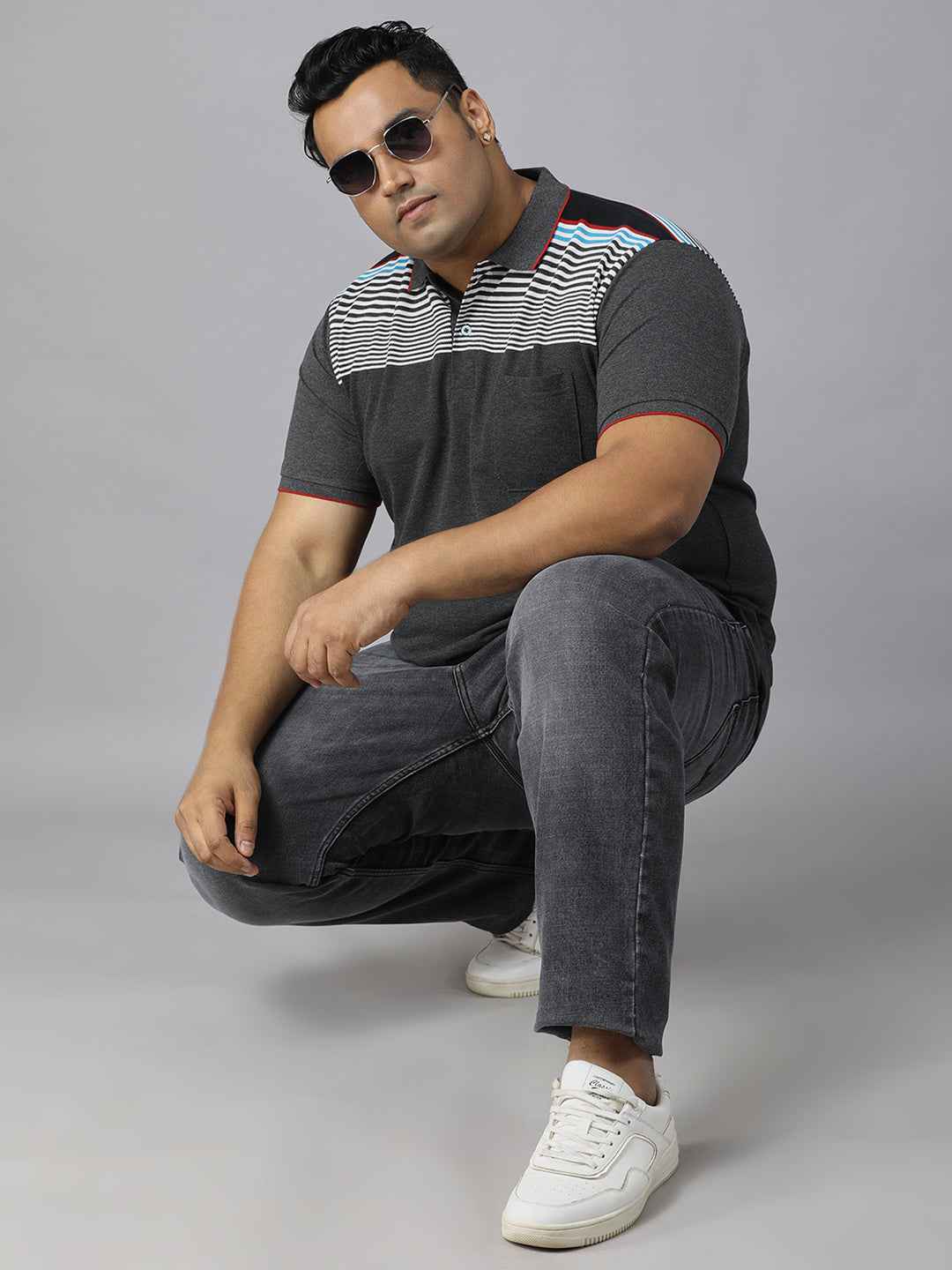 Men's Plus Size Polo Neck Half Sleeve T-Shirt with Striped Yoke and Pocket – Cotton Blend Casual Wear