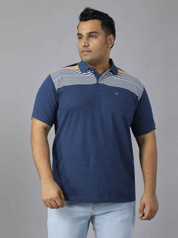 Men's Plus Size Polo Neck Half Sleeve T-Shirt with Striped Yoke and Pocket – Cotton Blend Casual Wear