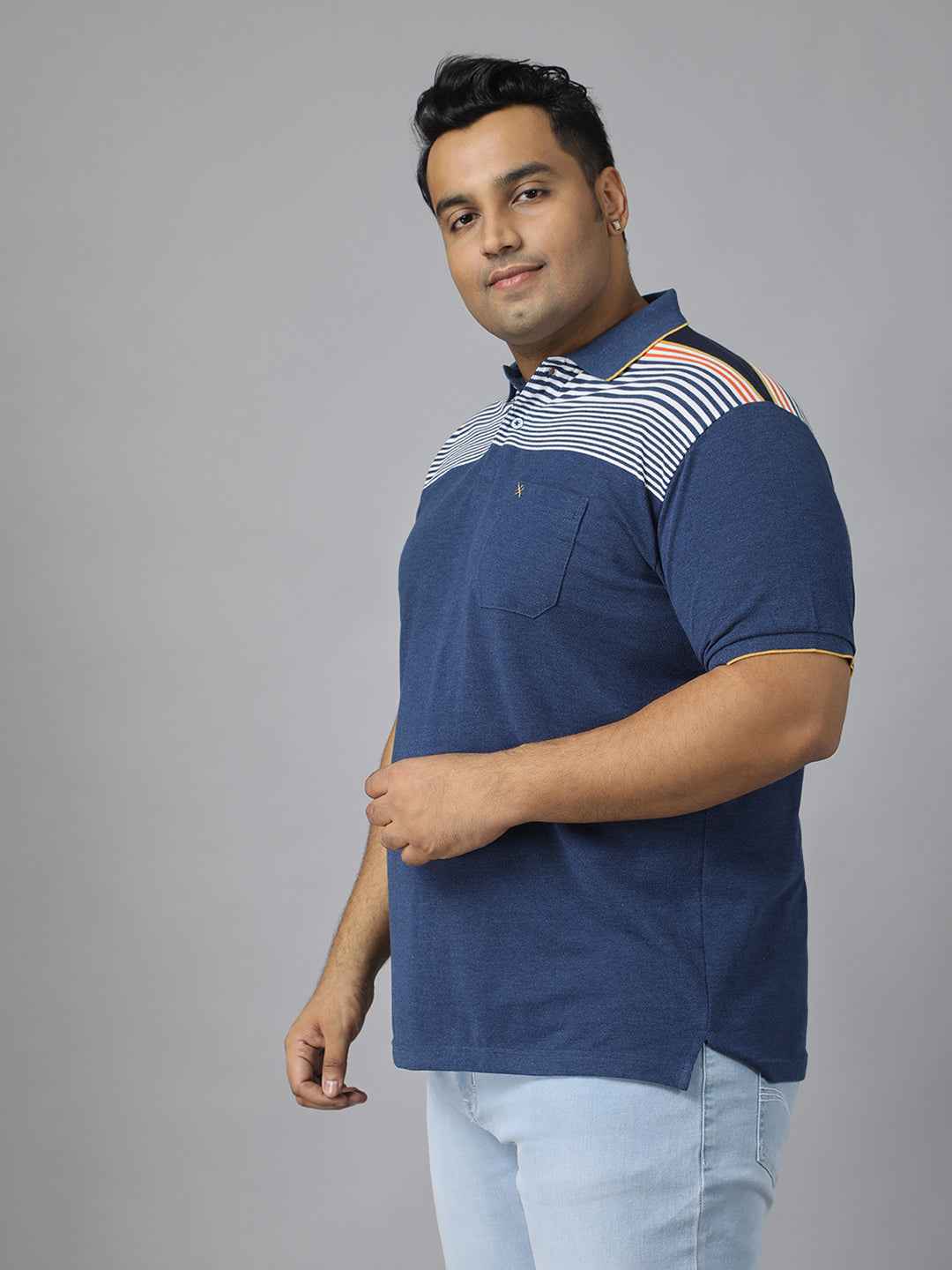 Men's Plus Size Polo Neck Half Sleeve T-Shirt with Striped Yoke and Pocket – Cotton Blend Casual Wear