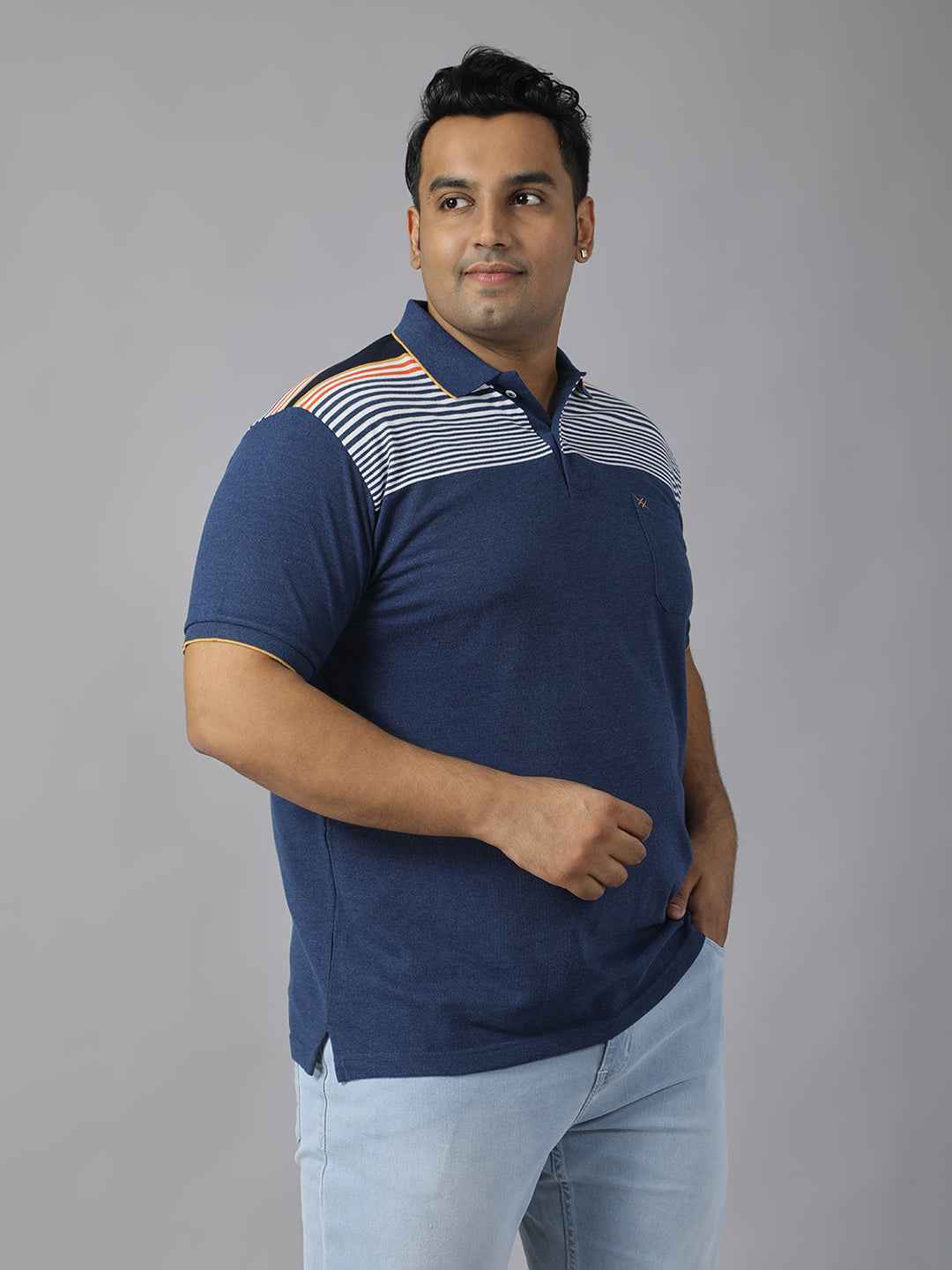 Men's Plus Size Polo Neck Half Sleeve T-Shirt with Striped Yoke and Pocket – Cotton Blend Casual Wear
