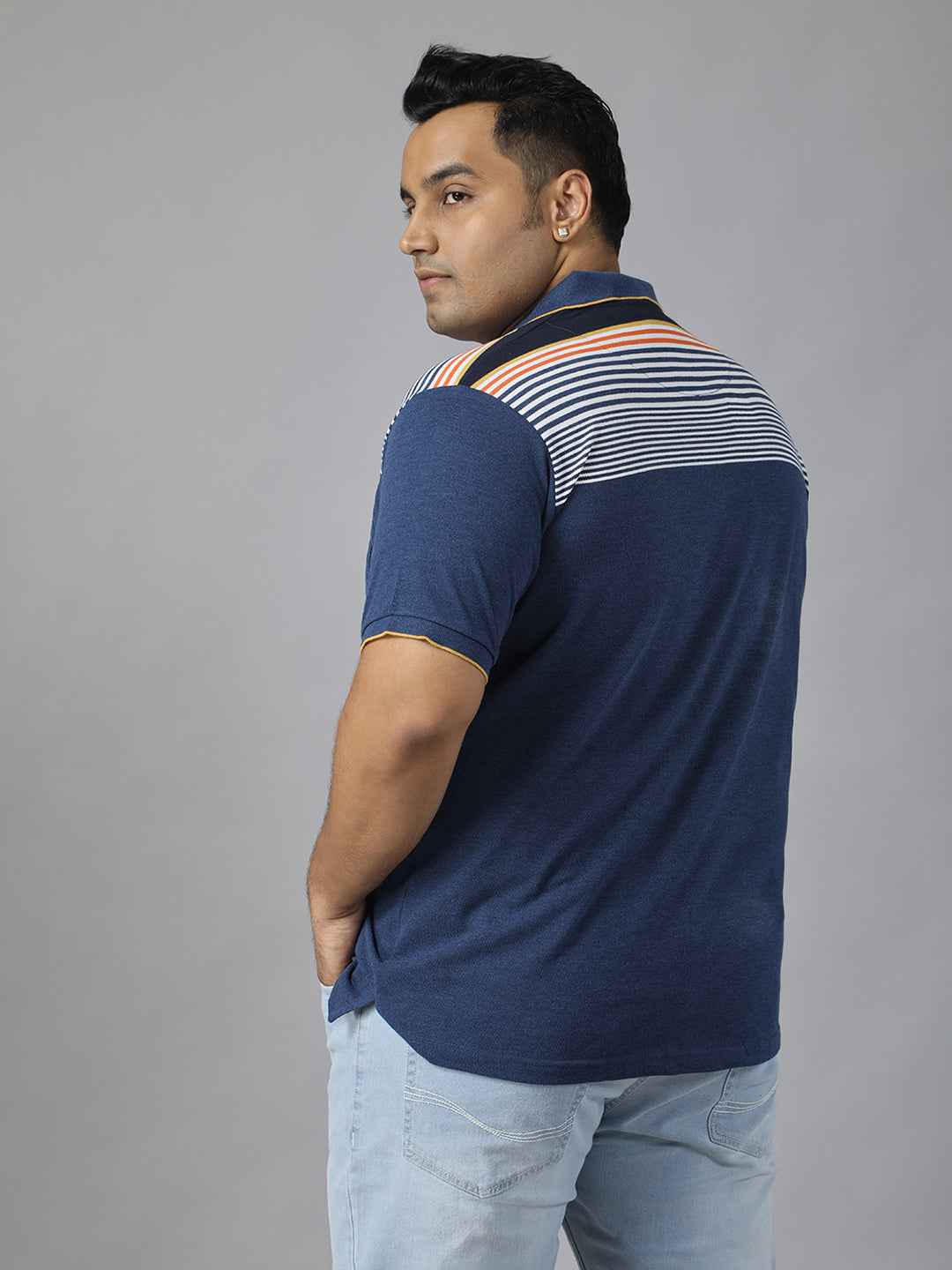 Men's Plus Size Polo Neck Half Sleeve T-Shirt with Striped Yoke and Pocket – Cotton Blend Casual Wear