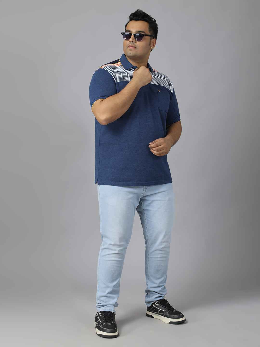 Men's Plus Size Polo Neck Half Sleeve T-Shirt with Striped Yoke and Pocket – Cotton Blend Casual Wear