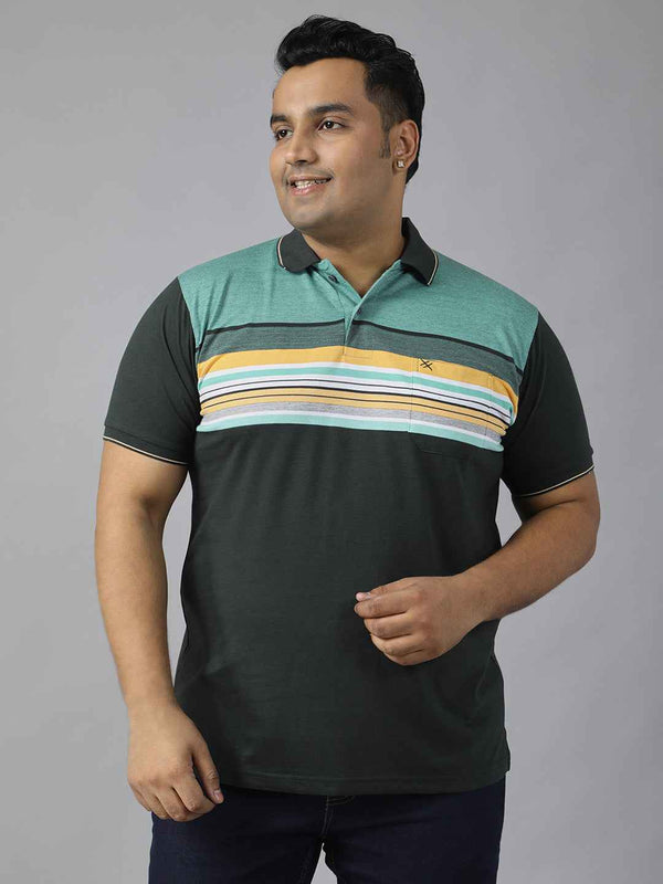 Men's Plus Size Polo Neck Half Sleeve T-Shirt with Striped Yoke and Pocket – Cotton Blend Casual Wear