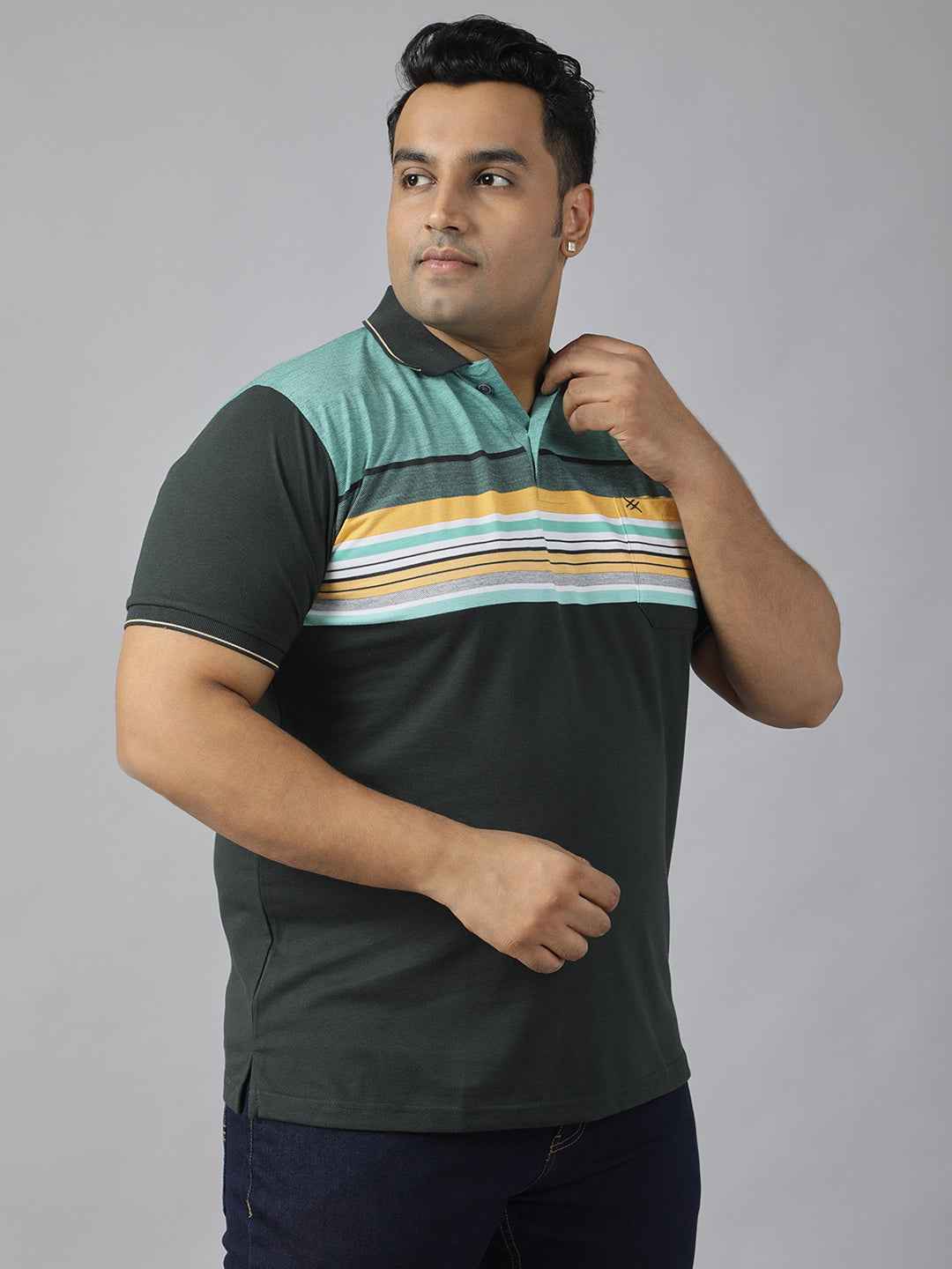 Men's Plus Size Polo Neck Half Sleeve T-Shirt with Striped Yoke and Pocket – Cotton Blend Casual Wear