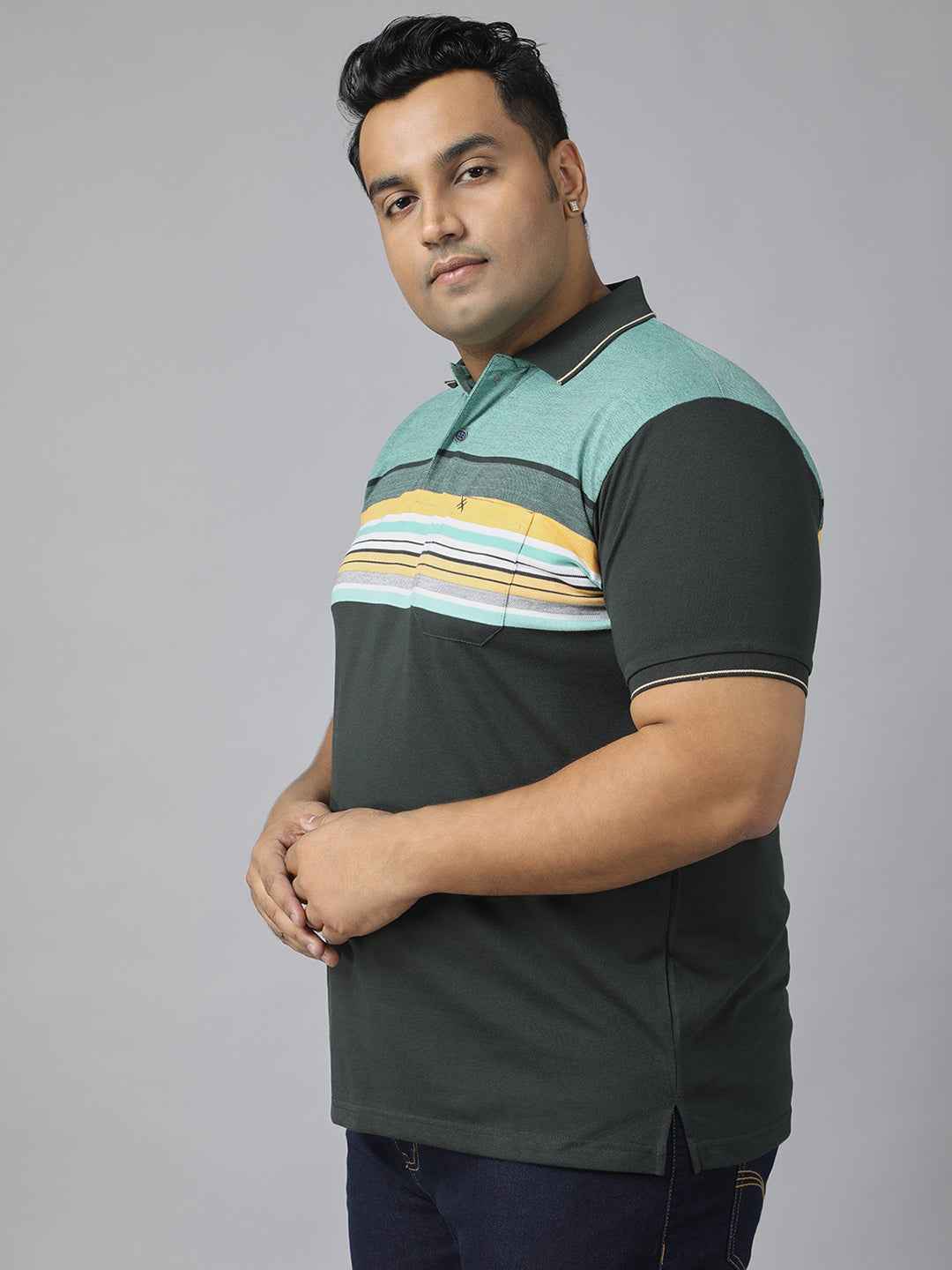 Men's Plus Size Polo Neck Half Sleeve T-Shirt with Striped Yoke and Pocket – Cotton Blend Casual Wear