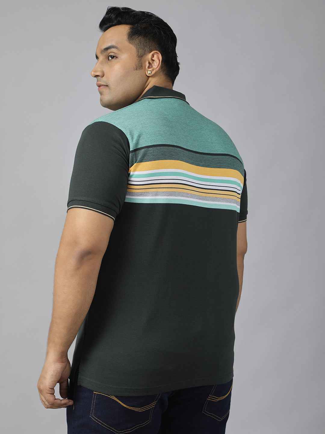 Men's Plus Size Polo Neck Half Sleeve T-Shirt with Striped Yoke and Pocket – Cotton Blend Casual Wear