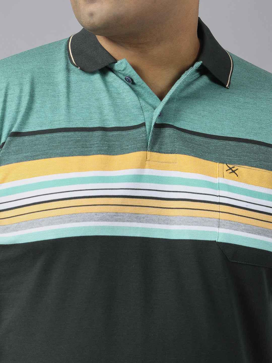 Men's Plus Size Polo Neck Half Sleeve T-Shirt with Striped Yoke and Pocket – Cotton Blend Casual Wear