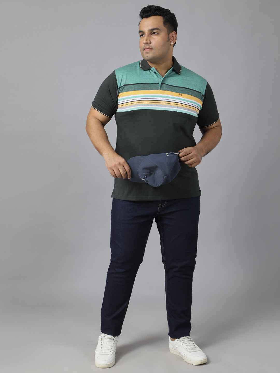 Men's Plus Size Polo Neck Half Sleeve T-Shirt with Striped Yoke and Pocket – Cotton Blend Casual Wear