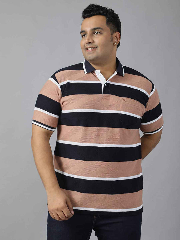 Men's Plus Size Polo T-shirt with Horizontal Stripes, Half Sleeves, and Pocket Detail