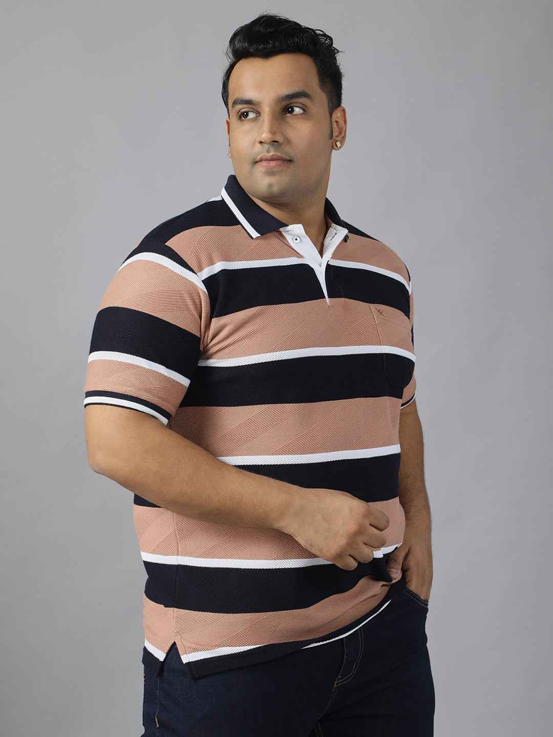 Men's Plus Size Polo T-shirt with Horizontal Stripes, Half Sleeves, and Pocket Detail