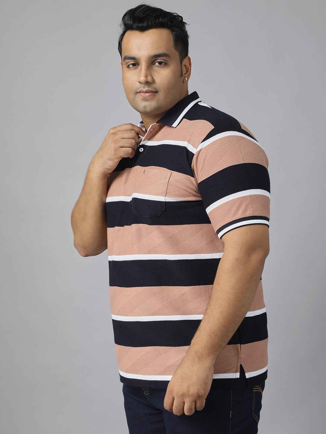 Men's Plus Size Polo T-shirt with Horizontal Stripes, Half Sleeves, and Pocket Detail