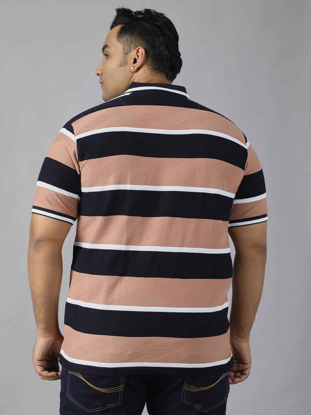 Men's Plus Size Polo T-shirt with Horizontal Stripes, Half Sleeves, and Pocket Detail