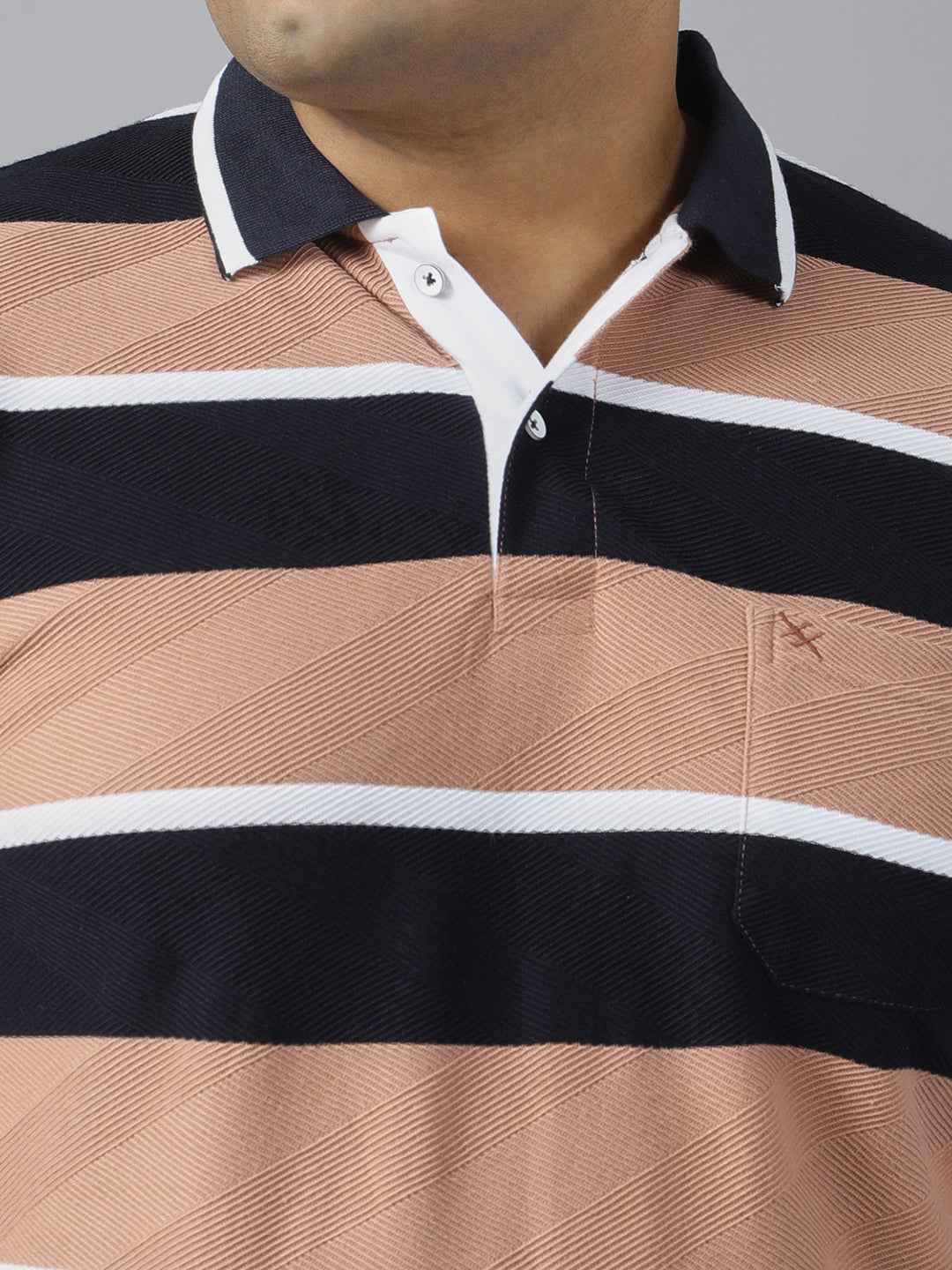 Men's Plus Size Polo T-shirt with Horizontal Stripes, Half Sleeves, and Pocket Detail