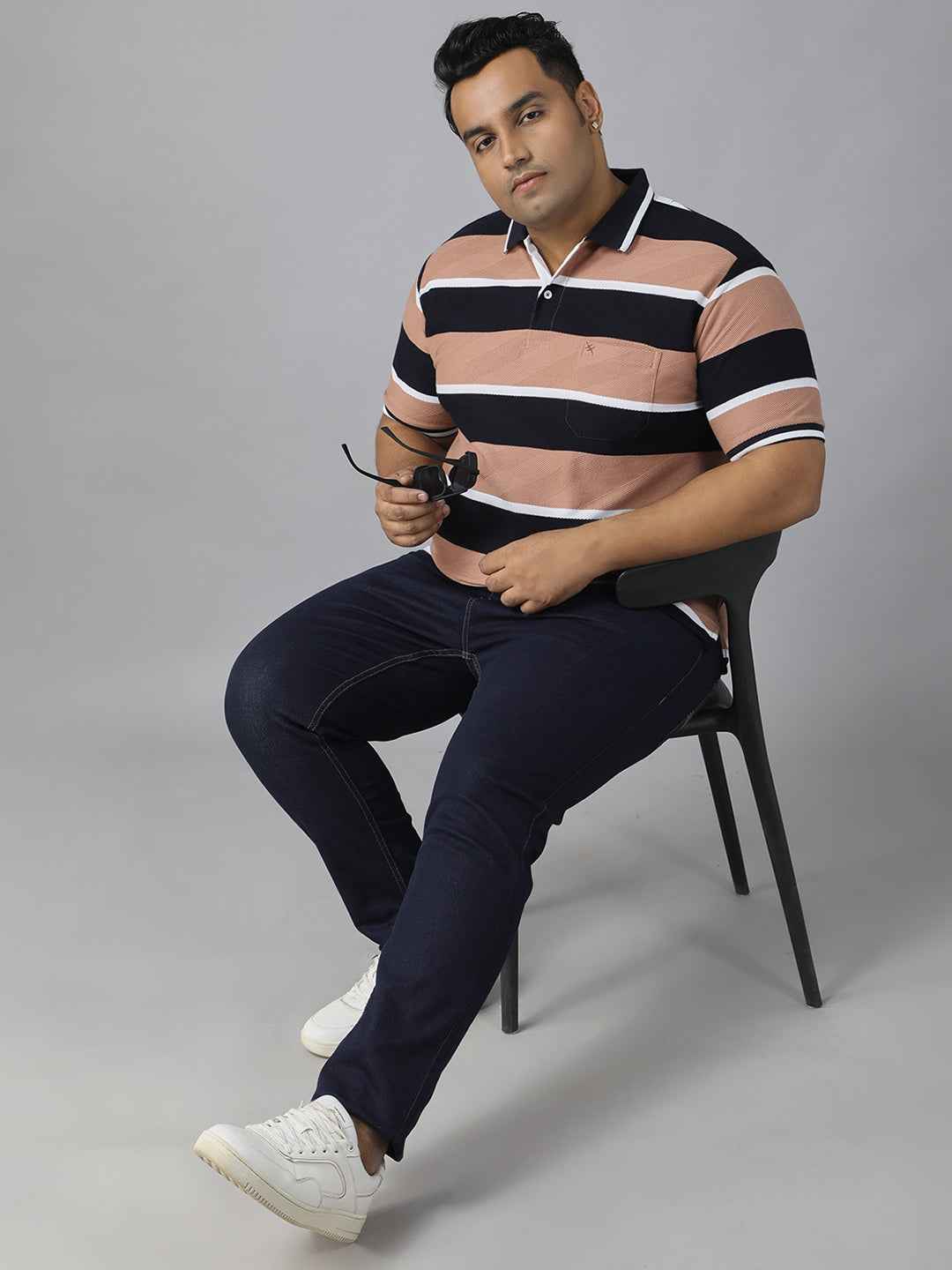 Men's Plus Size Polo T-shirt with Horizontal Stripes, Half Sleeves, and Pocket Detail