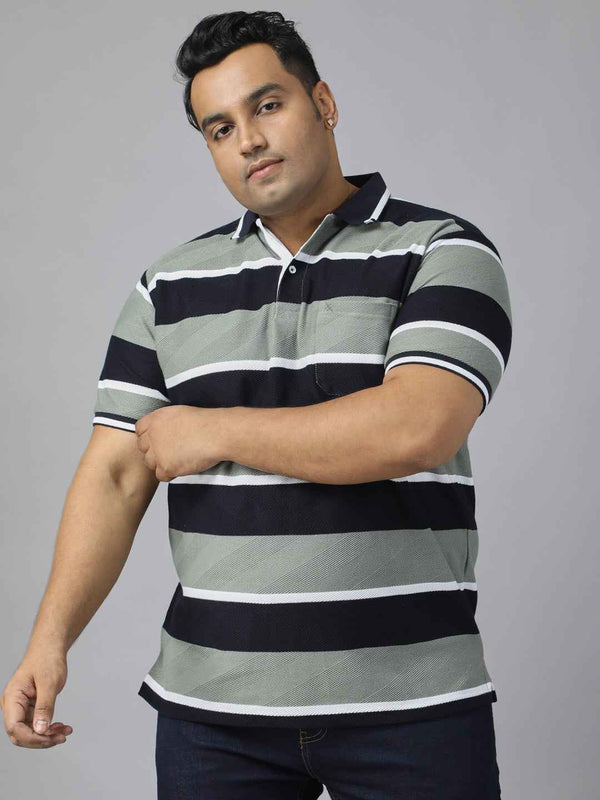Men's Plus Size Polo T-shirt with Horizontal Stripes, Half Sleeves, and Pocket Detail