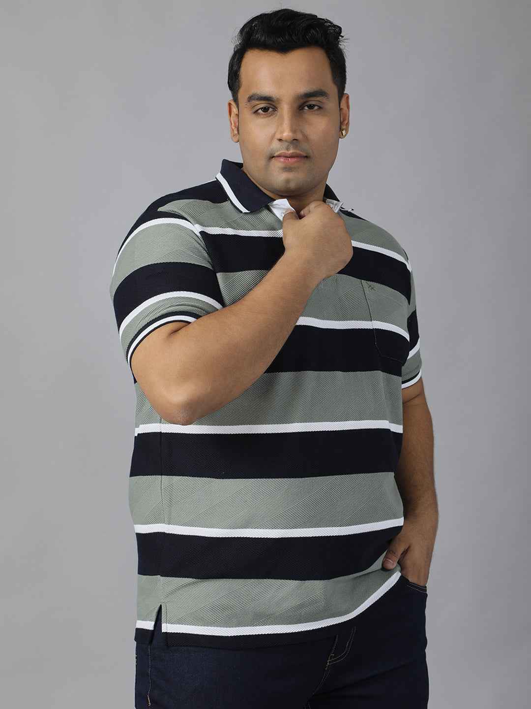Men's Plus Size Polo T-shirt with Horizontal Stripes, Half Sleeves, and Pocket Detail