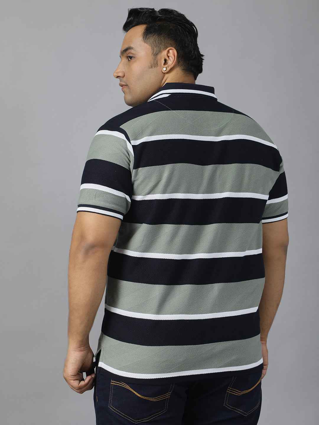 Men's Plus Size Polo T-shirt with Horizontal Stripes, Half Sleeves, and Pocket Detail