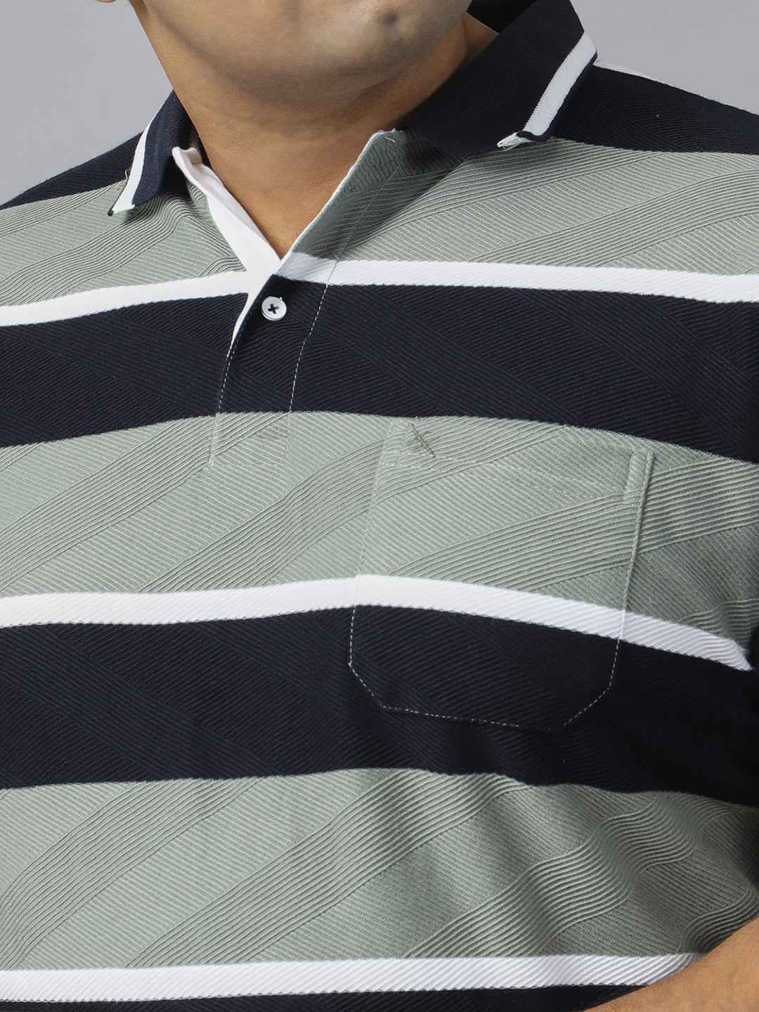 Men's Plus Size Polo T-shirt with Horizontal Stripes, Half Sleeves, and Pocket Detail